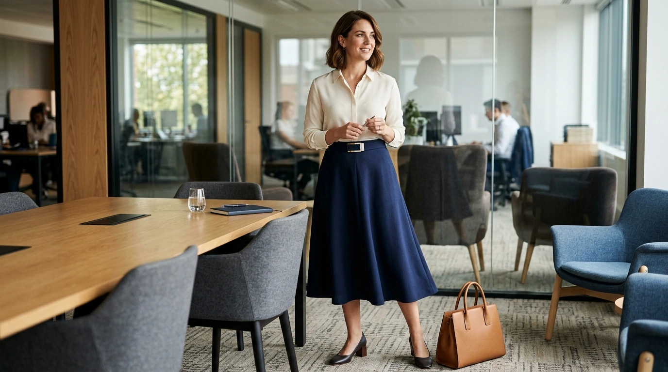 Work-Ready A-Line Skirt with Geometric Buckle Belt
