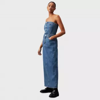 Blue Cotton Button-Down Shirt Dress with Pockets